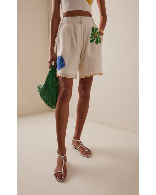 Cala De La Cruz White Sia Embroidered Linen Shorts