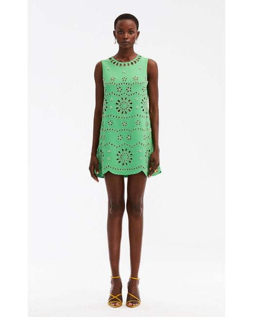Oscar de la Renta Green Embroidered Cotton-blend Mini Dress