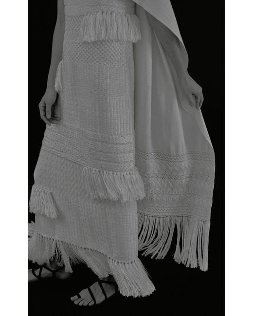 Heirlome White Lia Fringed Knit Silk Maxi Dress