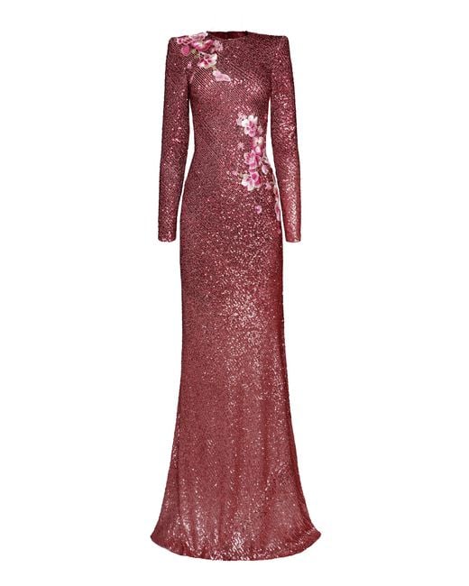 Naeem Khan Red Floral-Appliquéd Sequined Gown