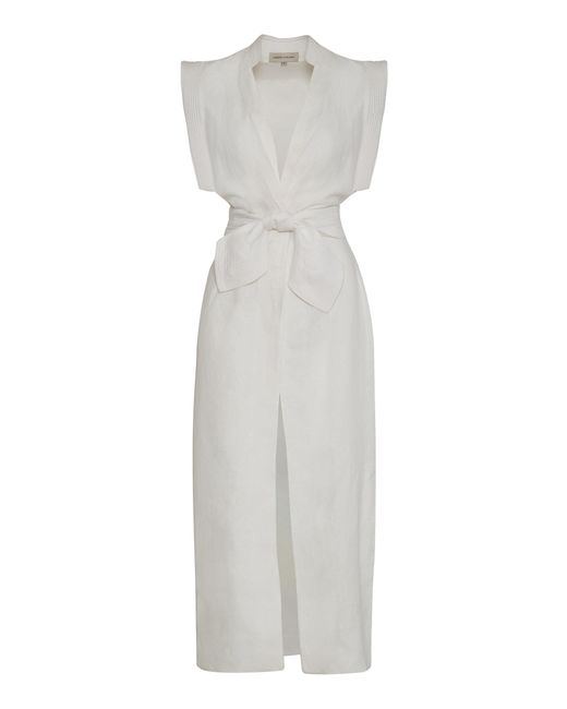 ANDRES OTALORA White Aguila Tie-detailed Linen Midi Dress