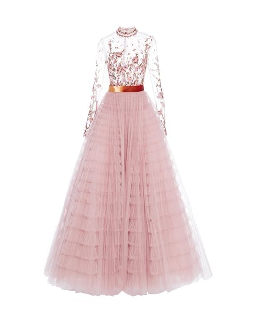 J. Mendel Pink Floral Embroidered Tulle Gown
