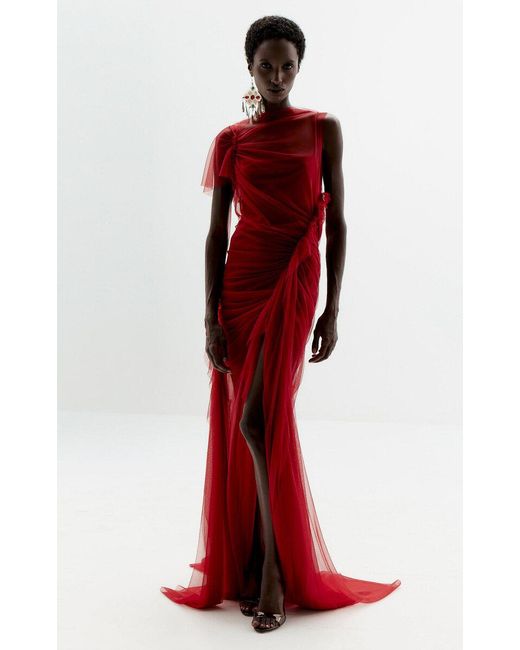 De La Vali Red Sapphire Tulle Maxi Dress
