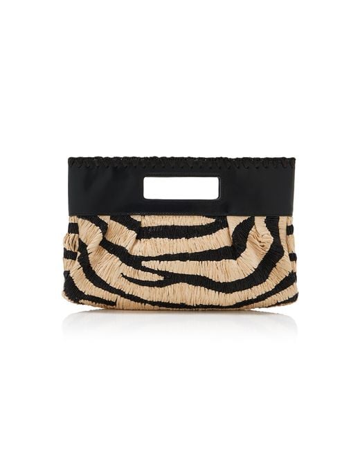 Staud Black Lena Zebra Raffia Clutch