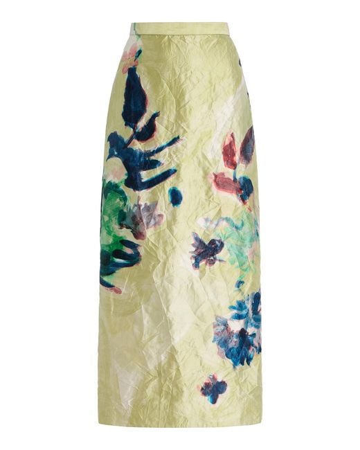 Erdem Yellow Printed Satin Midi Skirt