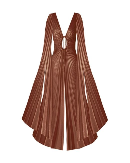 Georgia Hardinge Brown Dalliance Pleated Metallic Chiffon Maxi Dress