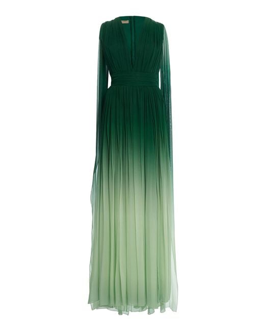 Elie Saab Green Cape-detailed Ombre Silk Dress