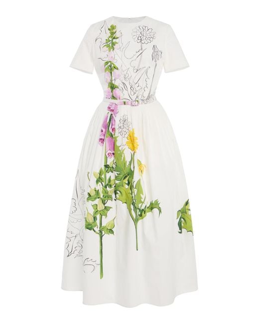 Oscar de la Renta White Dandelion-Printed Cotton-Poplin Midi Dress