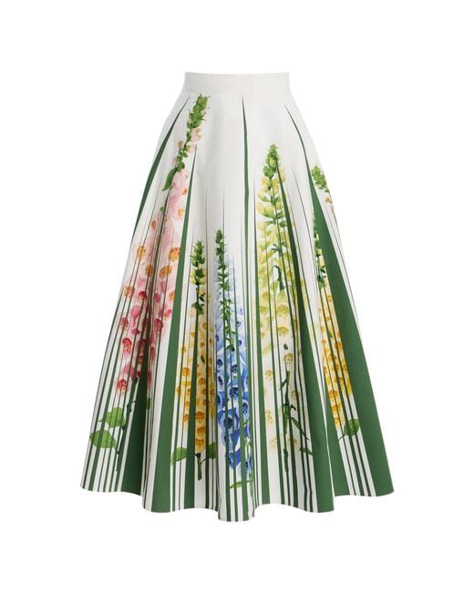 Oscar de la Renta Green Foxglove-Printed Cotton-Poplin Midi Skirt