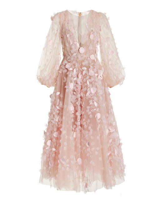 Marchesa Pink Petal-embroidered Tulle Midi Dress