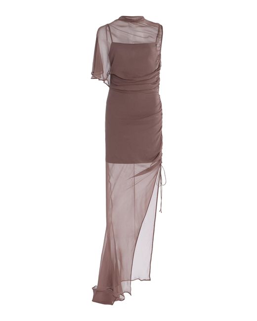 De La Vali Brown Asymmetric Silk-Chiffon Maxi Dress