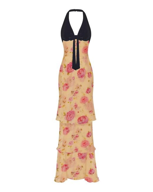 Rasario Yellow Bow-Detailed Chiffon & Velvet Maxi Dress