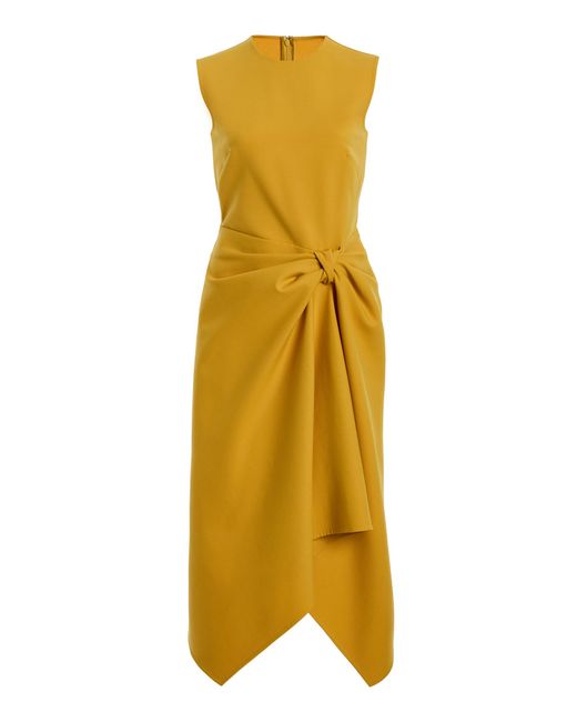 Oscar de la Renta Yellow Draped-Waist Wool-Blend Cocktail Midi Dress