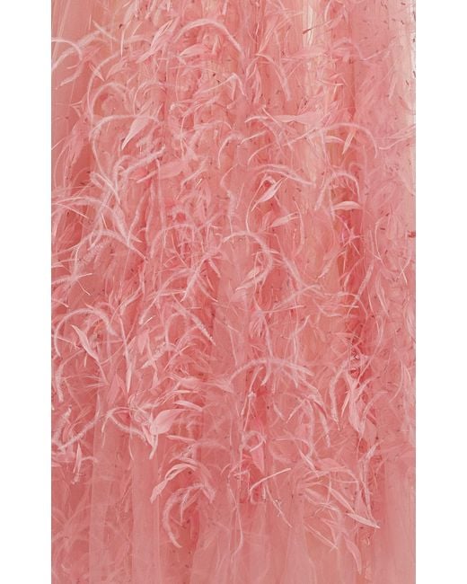 Marchesa Pink Feather-embroidered Tulle Off-the-shoulder Gown