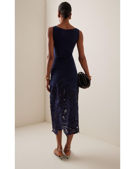 Oscar de la Renta Blue Rose-Guipure Knit Midi Dress