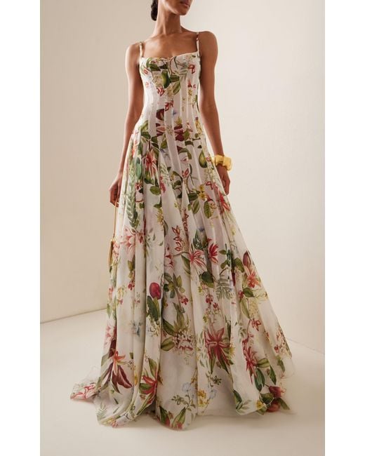 Oscar de la Renta White Floral & Fauna Silk Gazar Maxi Dress