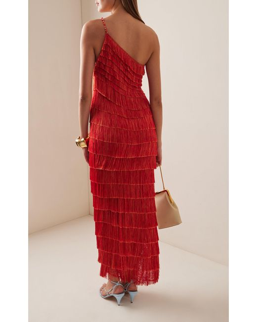 Francesca Miranda Red Exclusive One-shoulder Fringed Silk-blend Maxi Dress