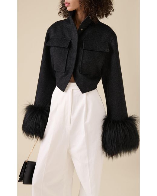 Givenchy Black Cropped Fur-Cuffs Wool Jacket