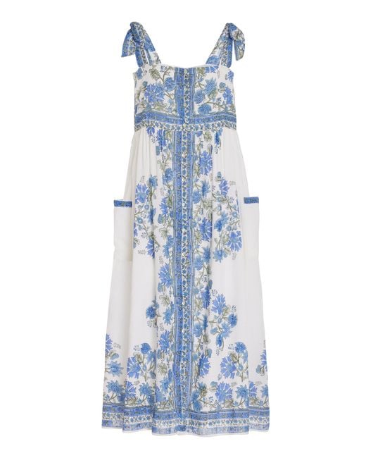 Juliet Dunn Blue Floral Tie-shoulder Cotton Midi Dress