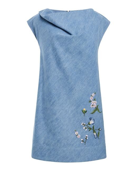 Oscar de la Renta Blue Embroidered Denim Mini Dress
