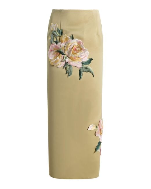 LEO LIN Metallic Exclusive Embroidered Satin Midi Skirt