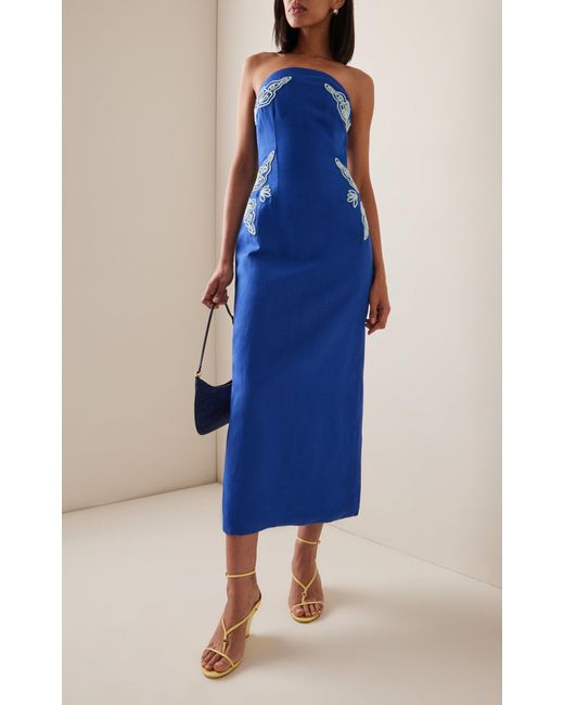 Significant Other Blue Rosslyn Strapless Embroidered-slub Midi Dress