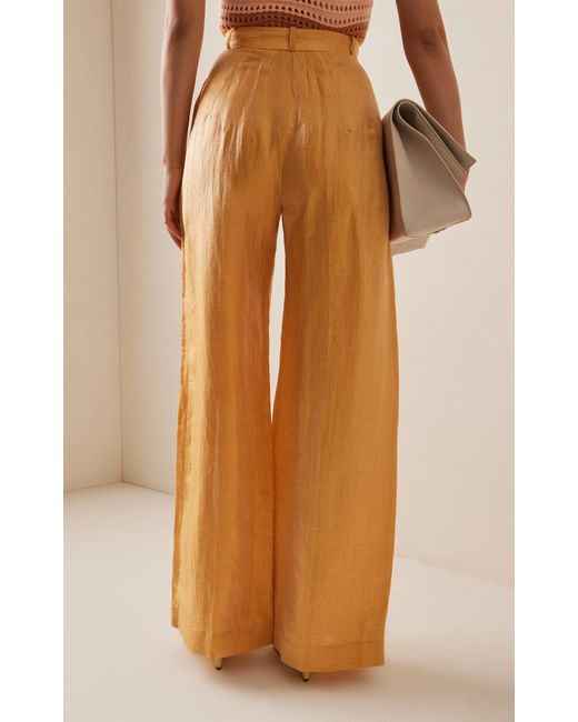 Matthew Bruch Yellow Pleated Linen-blend Wide-leg Trousers