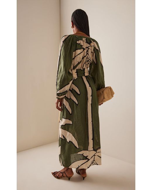 Johanna Ortiz Green Weaving Weves Printed Linen Midi Dress