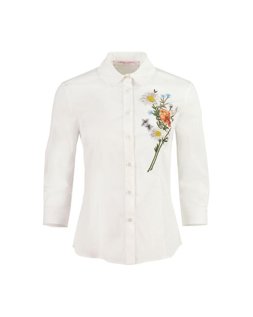 Carolina Herrera White Embroidered Stretch Cotton Shirting Blouse