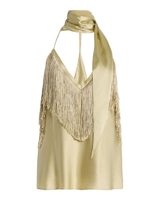 De La Vali Natural Exclusive Sirocco Scarf-Neck Fringed Silk-Blend Satin Top