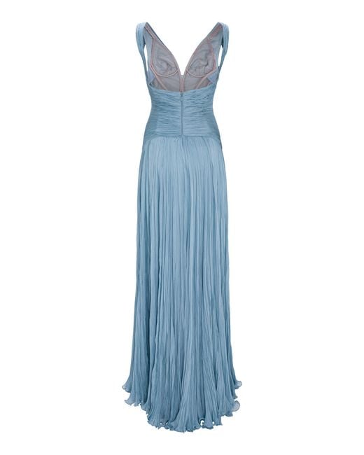 Marmar Halim Blue Lettuce Hem Pleated Silk Gown