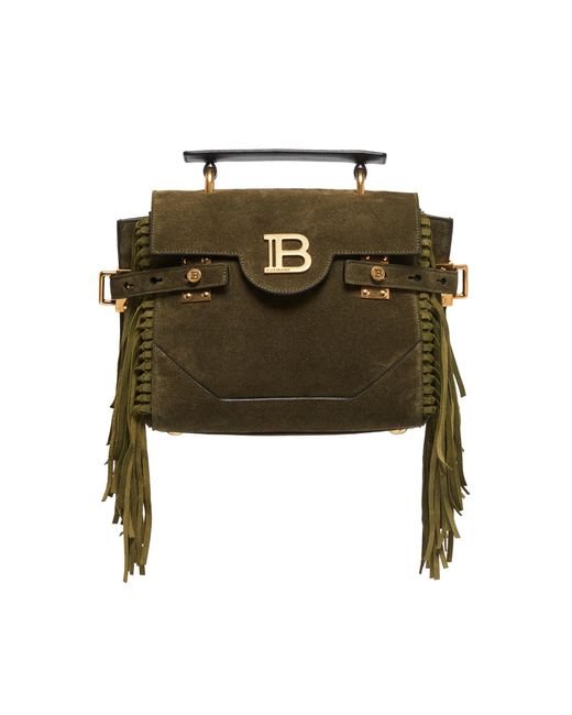 Balmain Green B-buzz 23 Quilted Fringe Suede Top Handle Bag