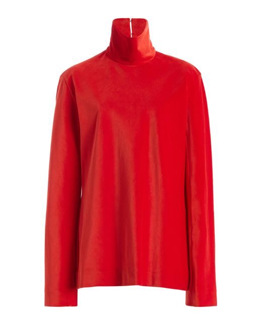 Colleen Allen Red Cotton Velvet Turtleneck Top