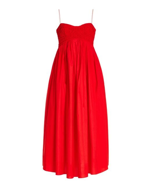 Cecilie Bahnsen Heather Smocked Cotton-blend Bustier Midi Dress in Red ...