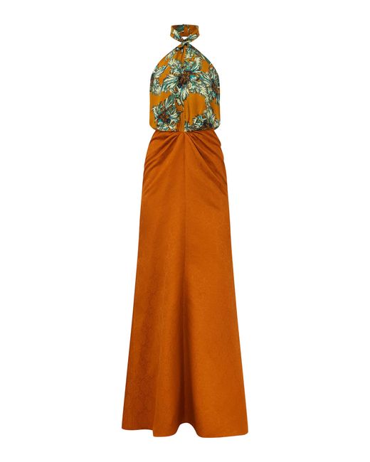 Dar Zéro Studio Orange Exclusive Geometric Silk Jacquard Halter Twist Neck Maxi Dress