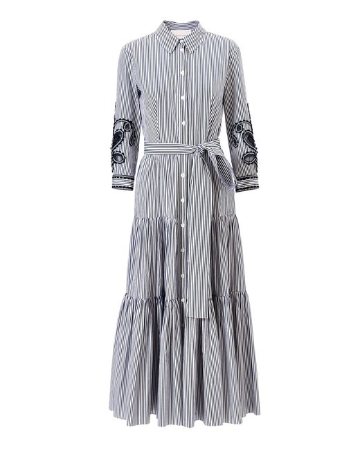 Carolina Herrera Gray Embroidered Striped Cotton Shirt Dress