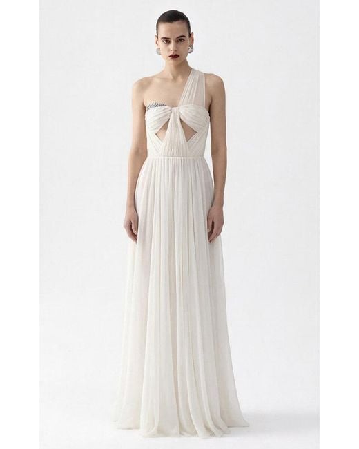 The New Arrivals Ilkyaz Ozel White Sahra Pleated Silk Maxi Dress