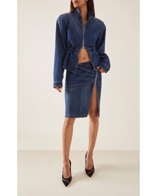 Nensi Dojaka Blue Peplum Cotton Bomber Jacket