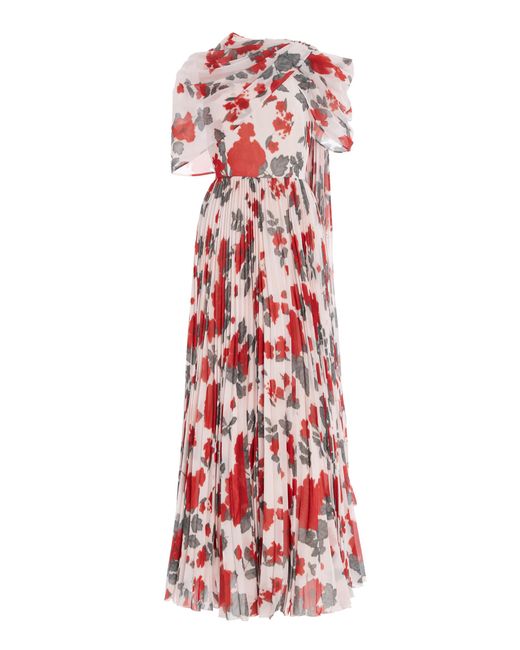 Huishan Zhang Red Alara Pleated Printed Cape Dress