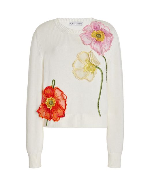 Oscar de la Renta White Painted-poppies Cotton-organza Sweater