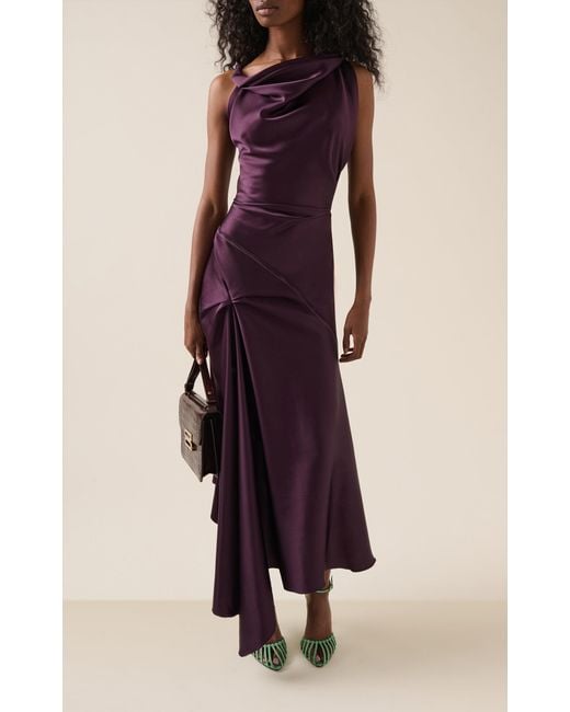 Victoria Beckham Purple Asymmetric Draped Satin Midi Dress
