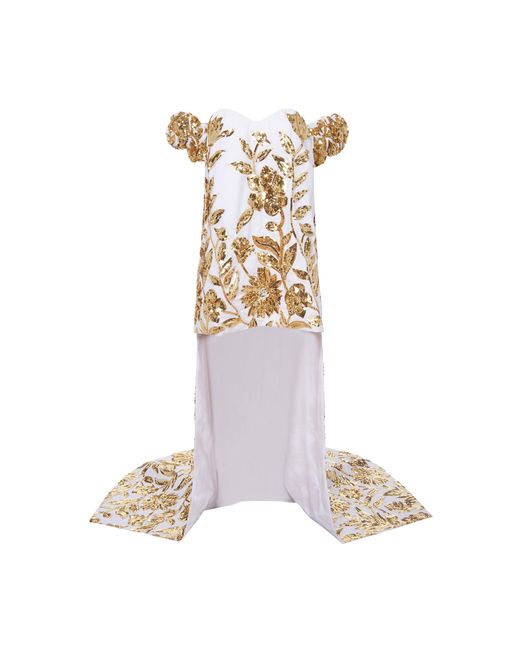 Markarian White Esmee Gold Floral Sequin Off The Shoulder Puff Sleeve Mini Dress With Shoulder Trains