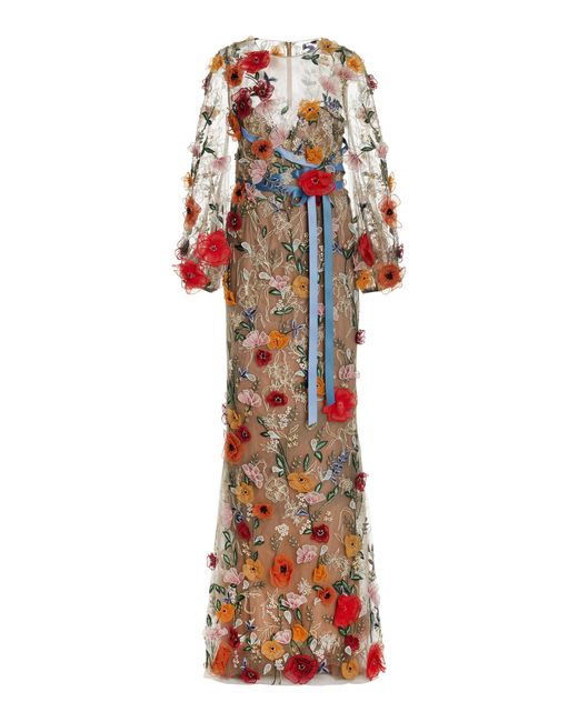 Marchesa Multicolor Floral-appliquéd Embroidered Tulle Gown