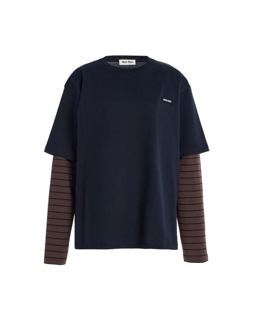 Miu Miu Blue Layered Cotton Jersey T-Shirt