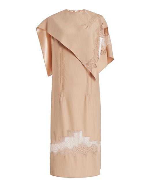 Ferragamo Natural Lace-Trimmed Organic Silk Midi Dress