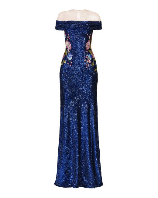Naeem Khan Blue Stretch Sequin Off-Shoulder Illusion Neckline Gown With Floral Applique