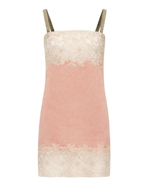 Saint Laurent Pink Lace-Trimmed Silk-Satin Mini Dress