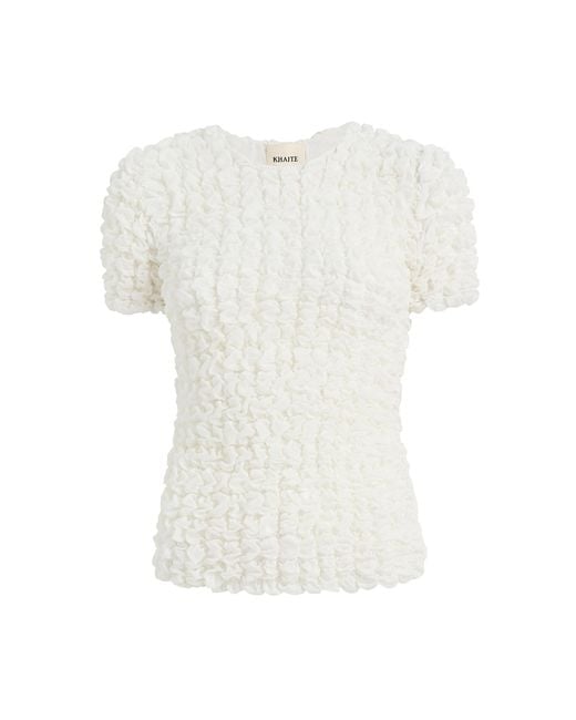 Khaite White Polly Smocked Silk-Chiffon Top