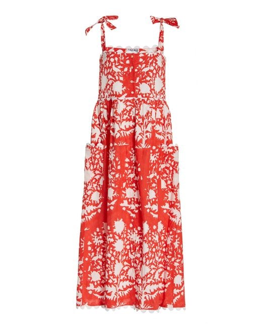 Juliet Dunn Red Palladio-print Tie-detailed Cotton Midi Dress