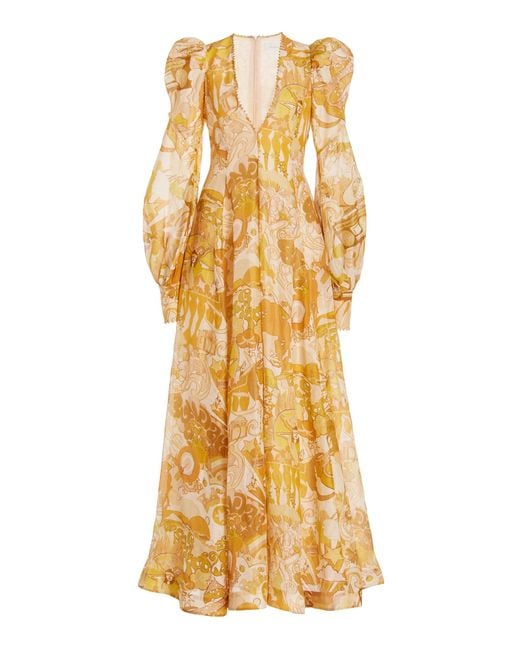 Zimmermann Multicolor Tempo Puff-sleeve Printed Linen-silk Gown